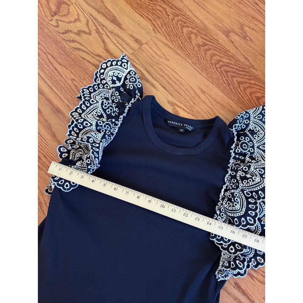Veronica‎ Beard Navy Ribbed Knit Top White Eyelet Lace Flutter Sleeve Tank Small - Picture 6 of 8